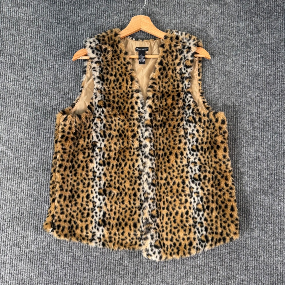Womens L Leopard Print Faux Fur Vest Sleeveless Jacket Y2K Glam Streetwear Chic